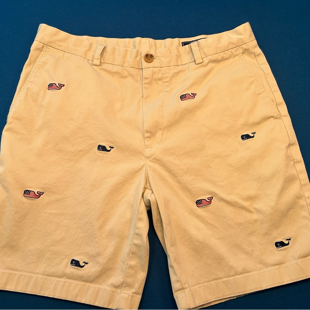 Vineyard Vines Khaki Shorts with Embroidered Whale Pattern